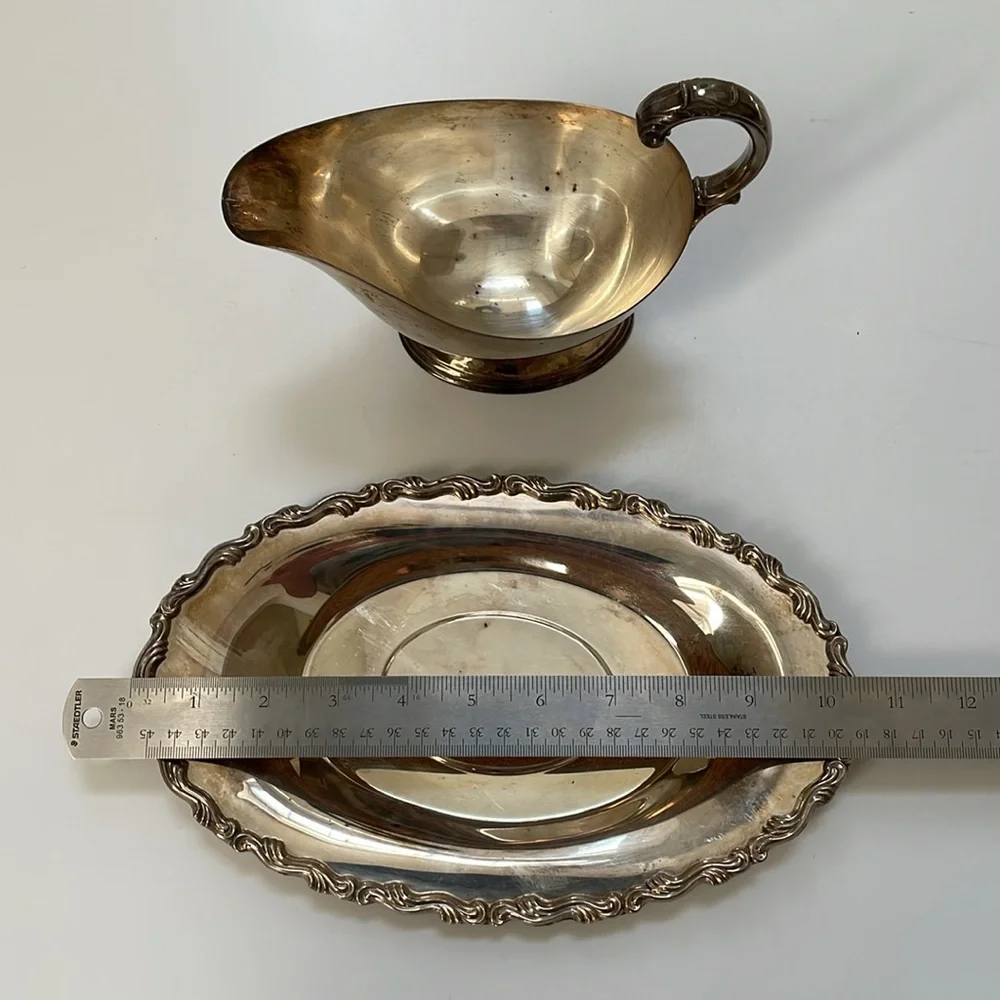 William A Rogers set of silver-plated gravy boat, butter‎ dish, & platter.
